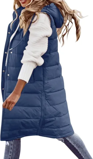 GOKKILRW Womens Winter Long Puffer Vests Outdoor Sleeveless Quilted Down Coats with Hood Warm Zip Up Cotton Padded Jackets