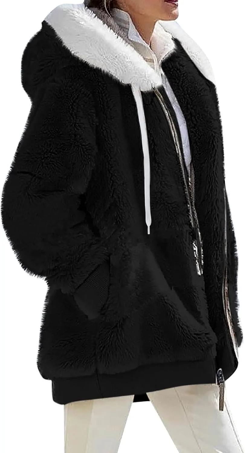 Gumipy Womens Fleece Zip Up Jacket Fuzzy Drawstring Sherpa Jacket Coat with Hood Plus Size Long Sleeve Hoodies with Pockets