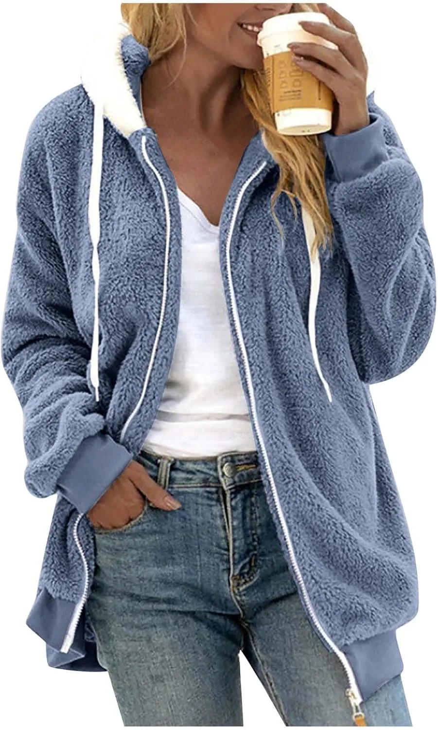 Gumipy Womens Fleece Zip Up Jacket Fuzzy Drawstring Sherpa Jacket Coat with Hood Plus Size Long Sleeve Hoodies with Pockets