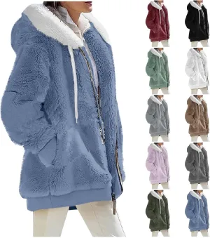 Gumipy Womens Fleece Zip Up Jacket Fuzzy Drawstring Sherpa Jacket Coat with Hood Plus Size Long Sleeve Hoodies with Pockets