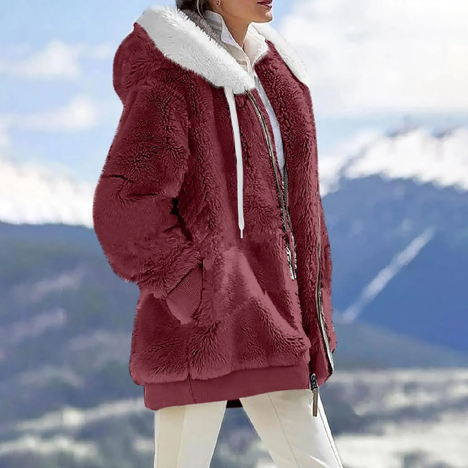 Gumipy Womens Fleece Zip Up Jacket Fuzzy Drawstring Sherpa Jacket Coat with Hood Plus Size Long Sleeve Hoodies with Pockets