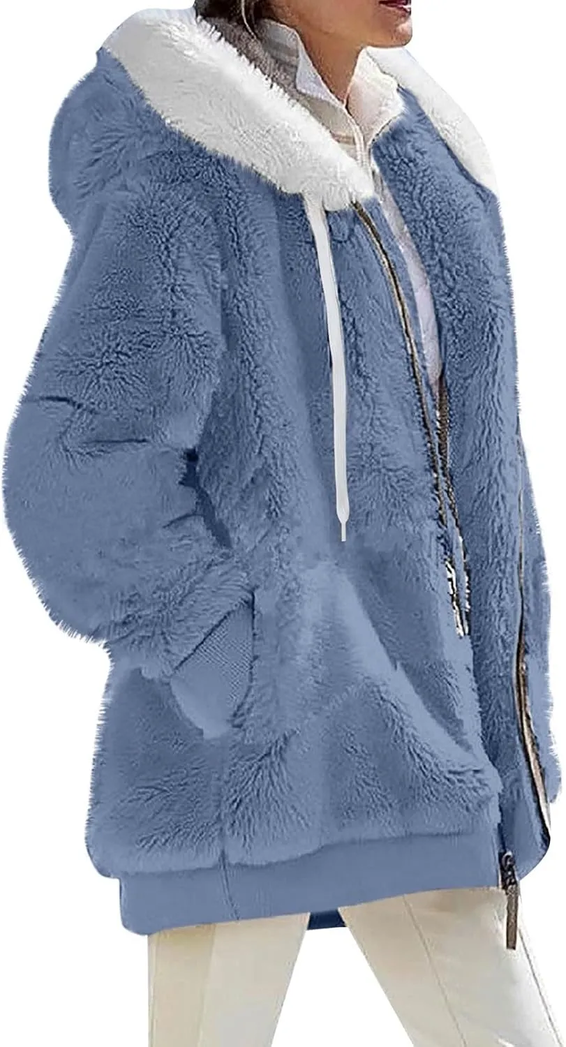 Gumipy Womens Fleece Zip Up Jacket Fuzzy Drawstring Sherpa Jacket Coat with Hood Plus Size Long Sleeve Hoodies with Pockets