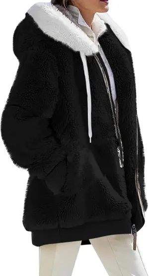 Gumipy Womens Fleece Zip Up Jacket Fuzzy Drawstring Sherpa Jacket Coat with Hood Plus Size Long Sleeve Hoodies with Pockets