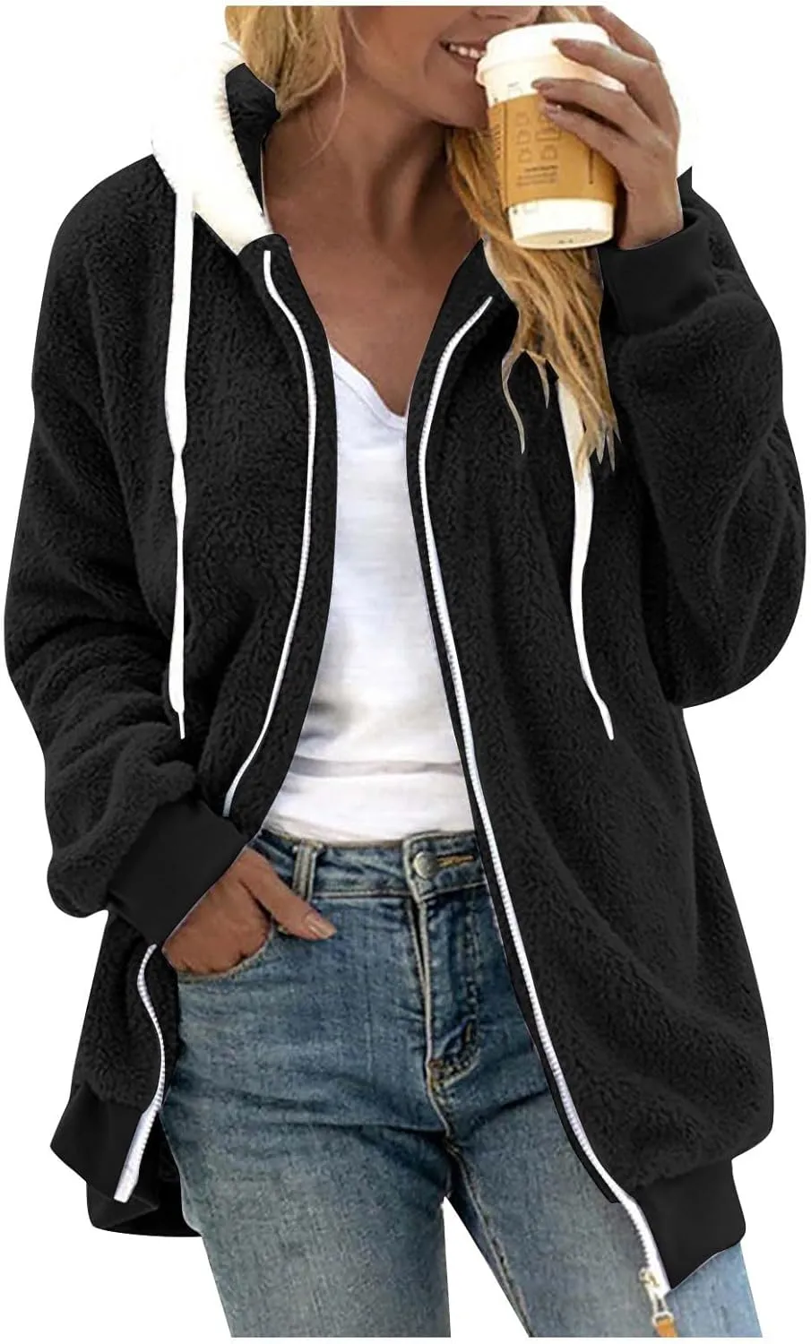 Gumipy Womens Fleece Zip Up Jacket Fuzzy Drawstring Sherpa Jacket Coat with Hood Plus Size Long Sleeve Hoodies with Pockets