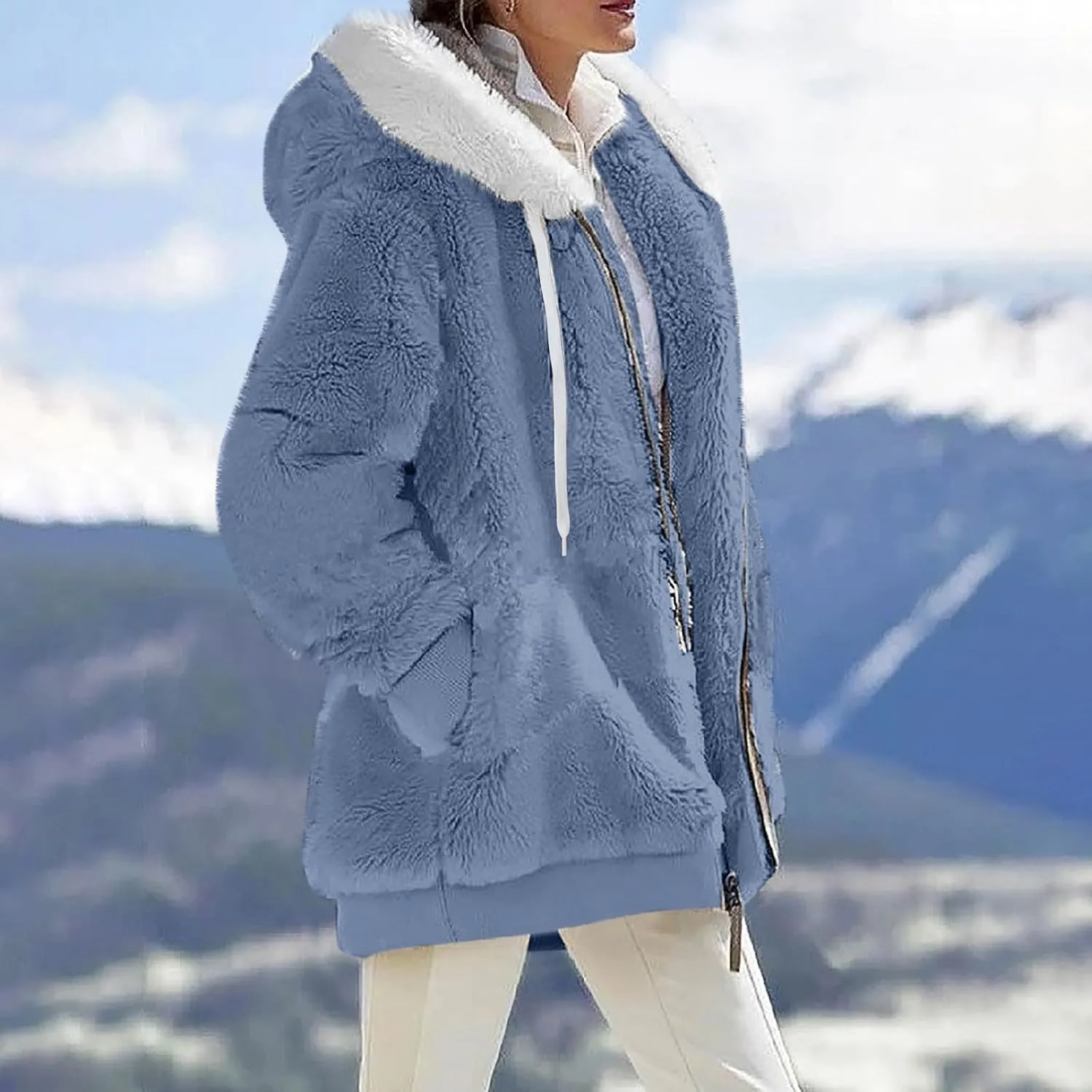 Gumipy Womens Fleece Zip Up Jacket Fuzzy Drawstring Sherpa Jacket Coat with Hood Plus Size Long Sleeve Hoodies with Pockets