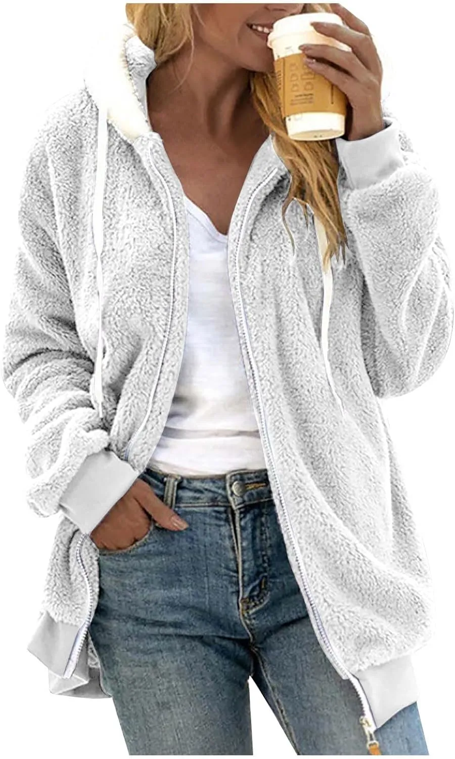 Gumipy Womens Fleece Zip Up Jacket Fuzzy Drawstring Sherpa Jacket Coat with Hood Plus Size Long Sleeve Hoodies with Pockets