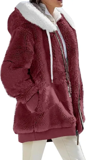 Gumipy Womens Fleece Zip Up Jacket Fuzzy Drawstring Sherpa Jacket Coat with Hood Plus Size Long Sleeve Hoodies with Pockets