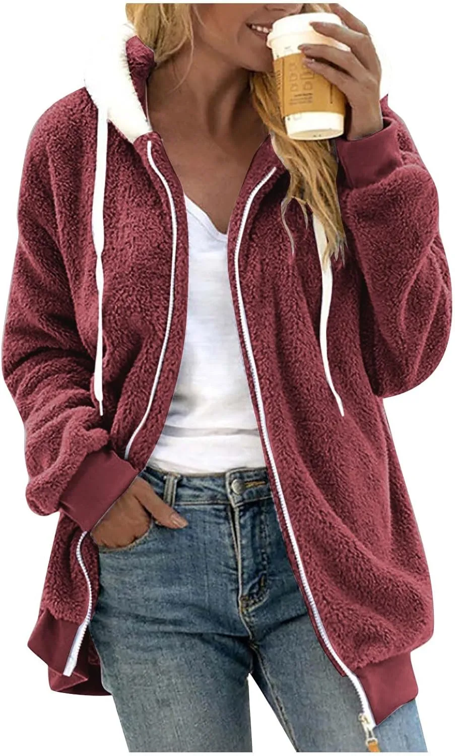 Gumipy Womens Fleece Zip Up Jacket Fuzzy Drawstring Sherpa Jacket Coat with Hood Plus Size Long Sleeve Hoodies with Pockets
