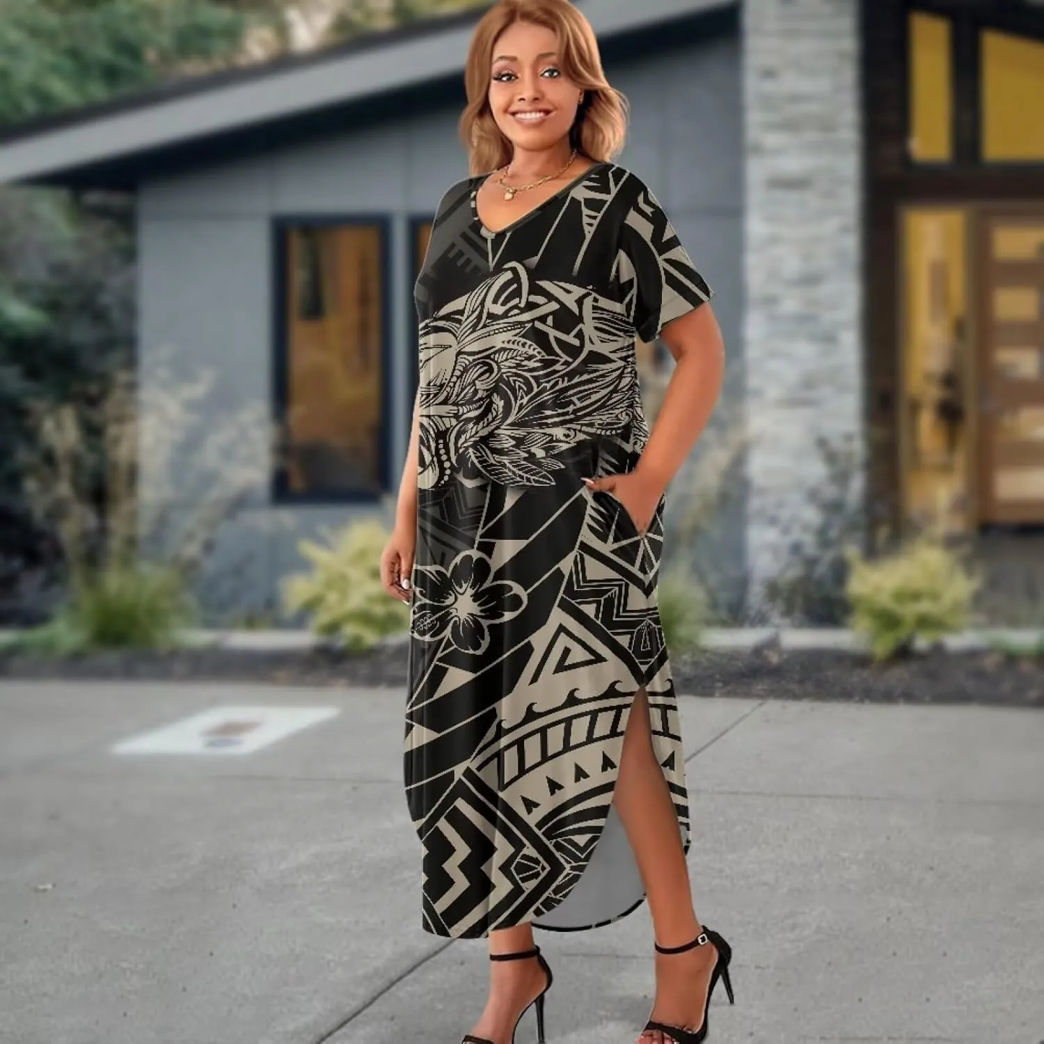Hawaiian Mumu Dresses for Women with Pockets Short Sleeve Summer Dresses Boho Plus Size Dresses for Women