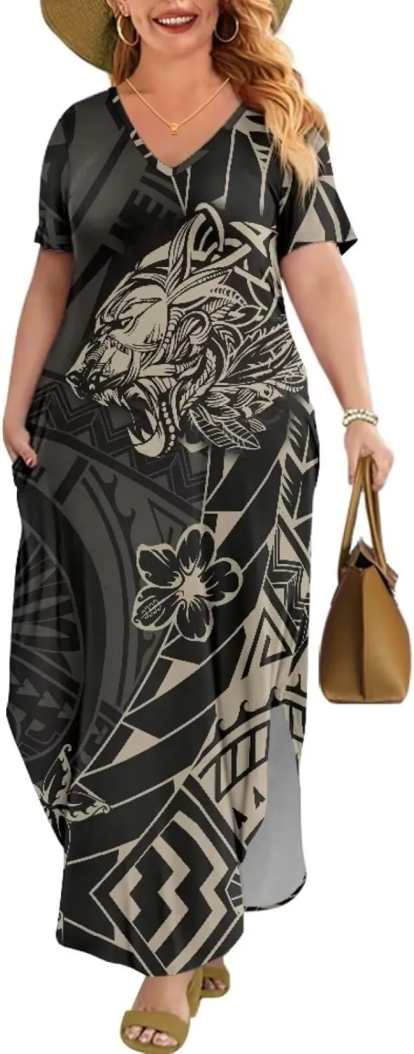 Hawaiian Mumu Dresses for Women with Pockets Short Sleeve Summer Dresses Boho Plus Size Dresses for Women