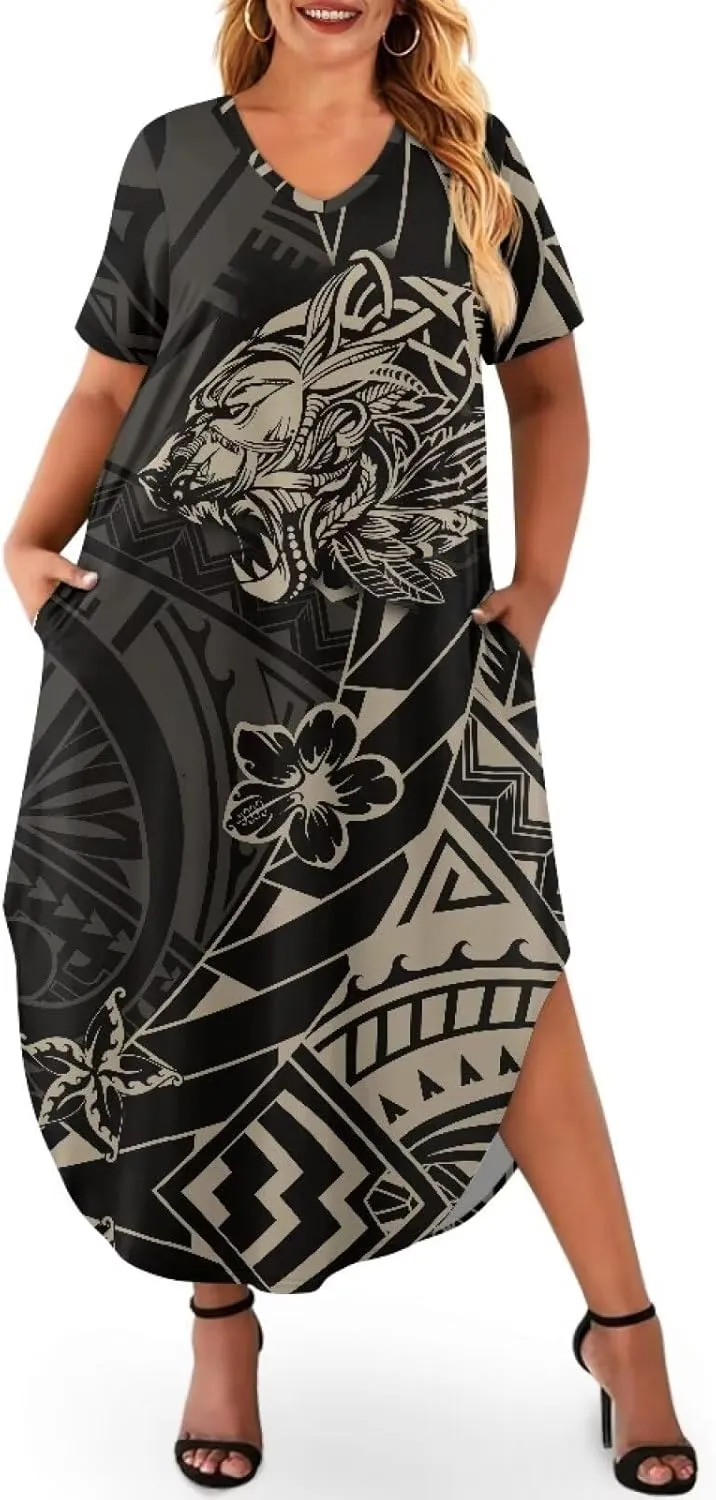 Hawaiian Mumu Dresses for Women with Pockets Short Sleeve Summer Dresses Boho Plus Size Dresses for Women