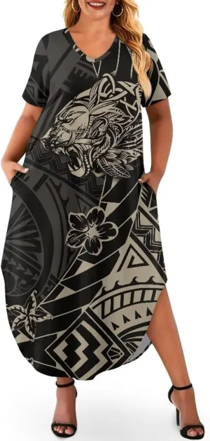 Hawaiian Mumu Dresses for Women with Pockets Short Sleeve Summer Dresses Boho Plus Size Dresses for Women
