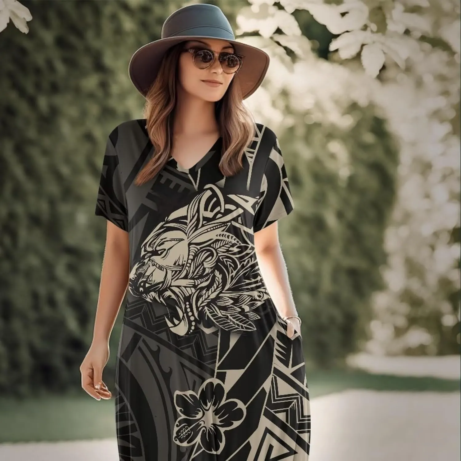 Hawaiian Mumu Dresses for Women with Pockets Short Sleeve Summer Dresses Boho Plus Size Dresses for Women