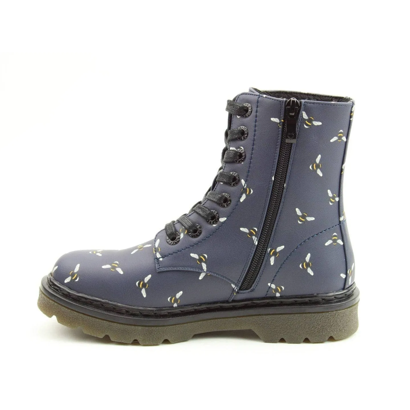 Heavenly Feet Justina 2 New Bee Print Ladies Midnight Navy Vegan Zip & Lace Ankle Boots
