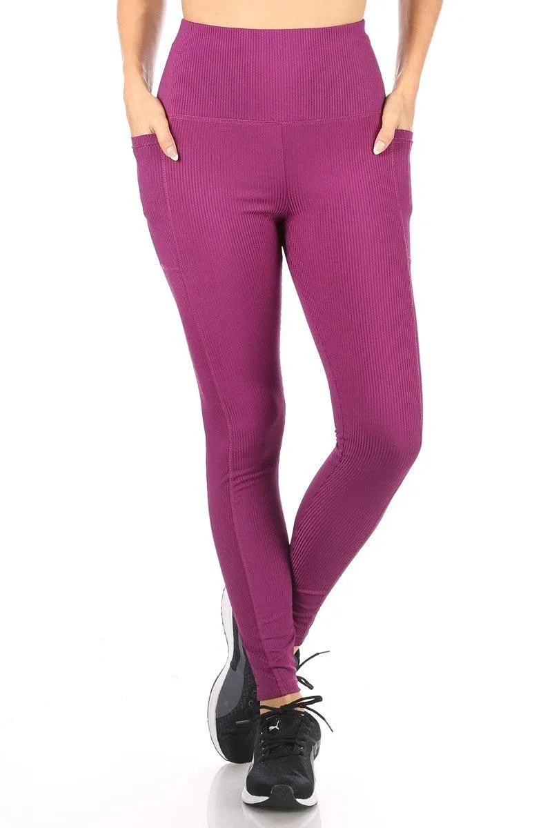 High Waist Rib Knit Leggings With Side Pockets - Magenta