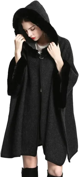 Hooded Shawls Warp for Woman Faux Fur Trim Coat Open Front Coat Oversize Cloak Coat for Fall Winter
