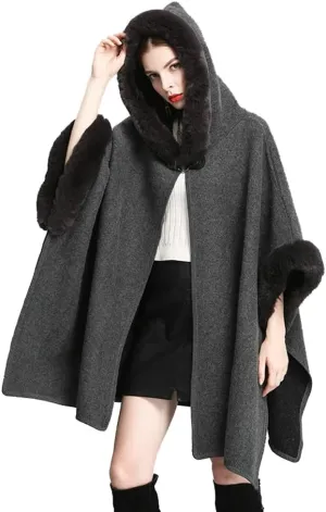 Hooded Shawls Warp for Woman Faux Fur Trim Coat Open Front Coat Oversize Cloak Coat for Fall Winter