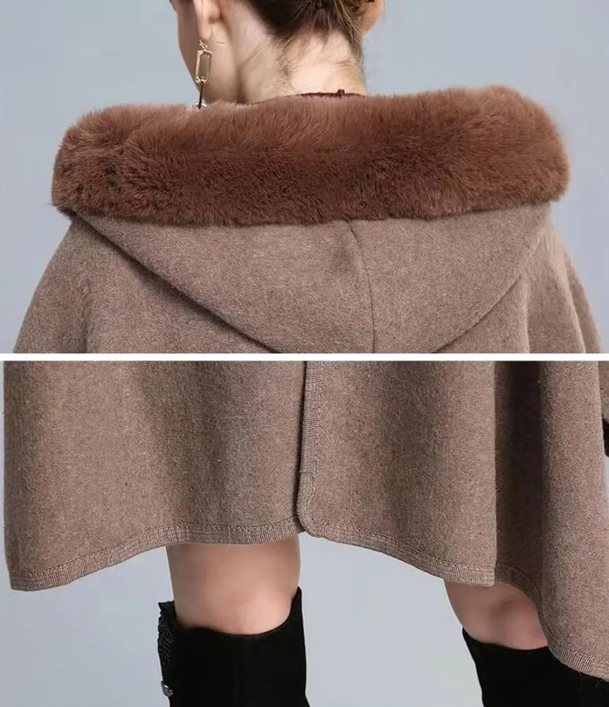 Hooded Shawls Warp for Woman Faux Fur Trim Coat Open Front Coat Oversize Cloak Coat for Fall Winter