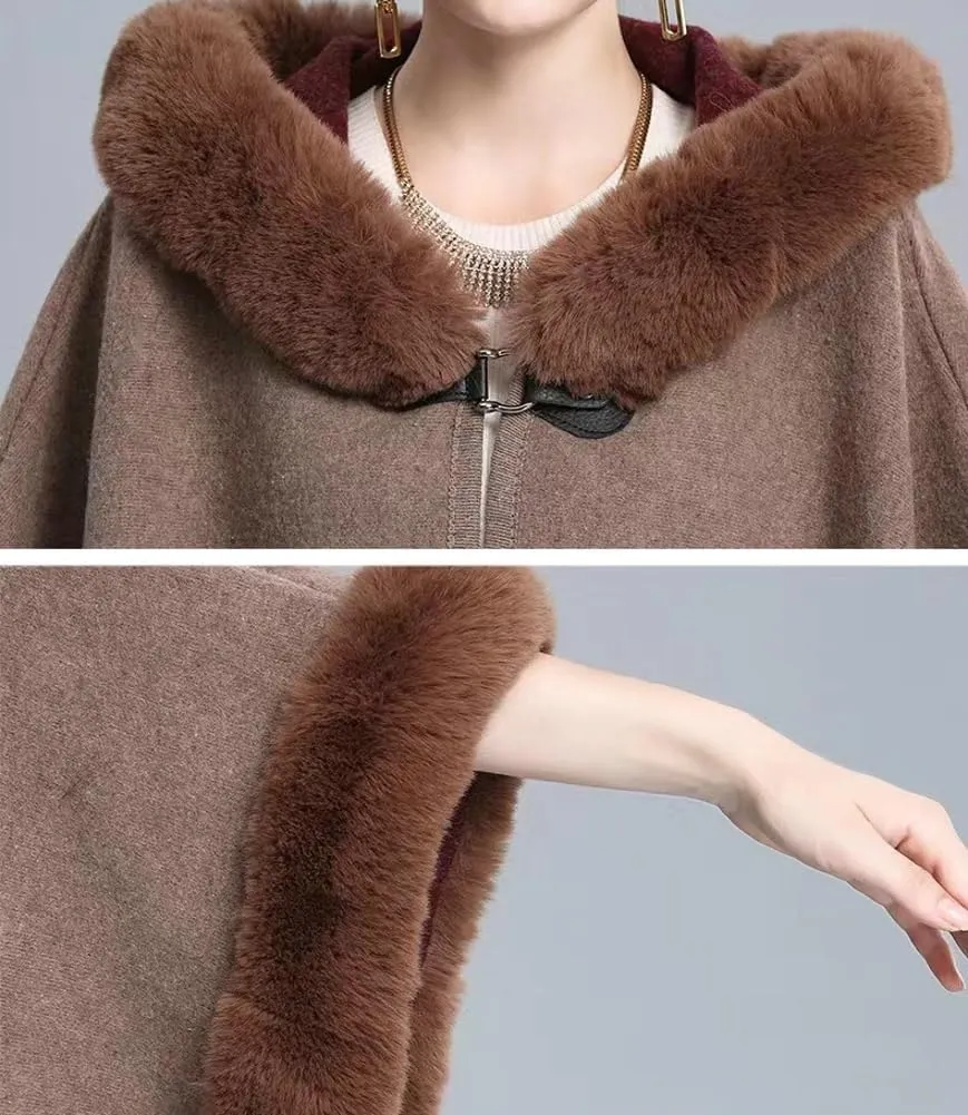 Hooded Shawls Warp for Woman Faux Fur Trim Coat Open Front Coat Oversize Cloak Coat for Fall Winter