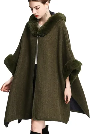 Hooded Shawls Warp for Woman Faux Fur Trim Coat Open Front Coat Oversize Cloak Coat for Fall Winter