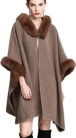 Hooded Shawls Warp for Woman Faux Fur Trim Coat Open Front Coat Oversize Cloak Coat for Fall Winter