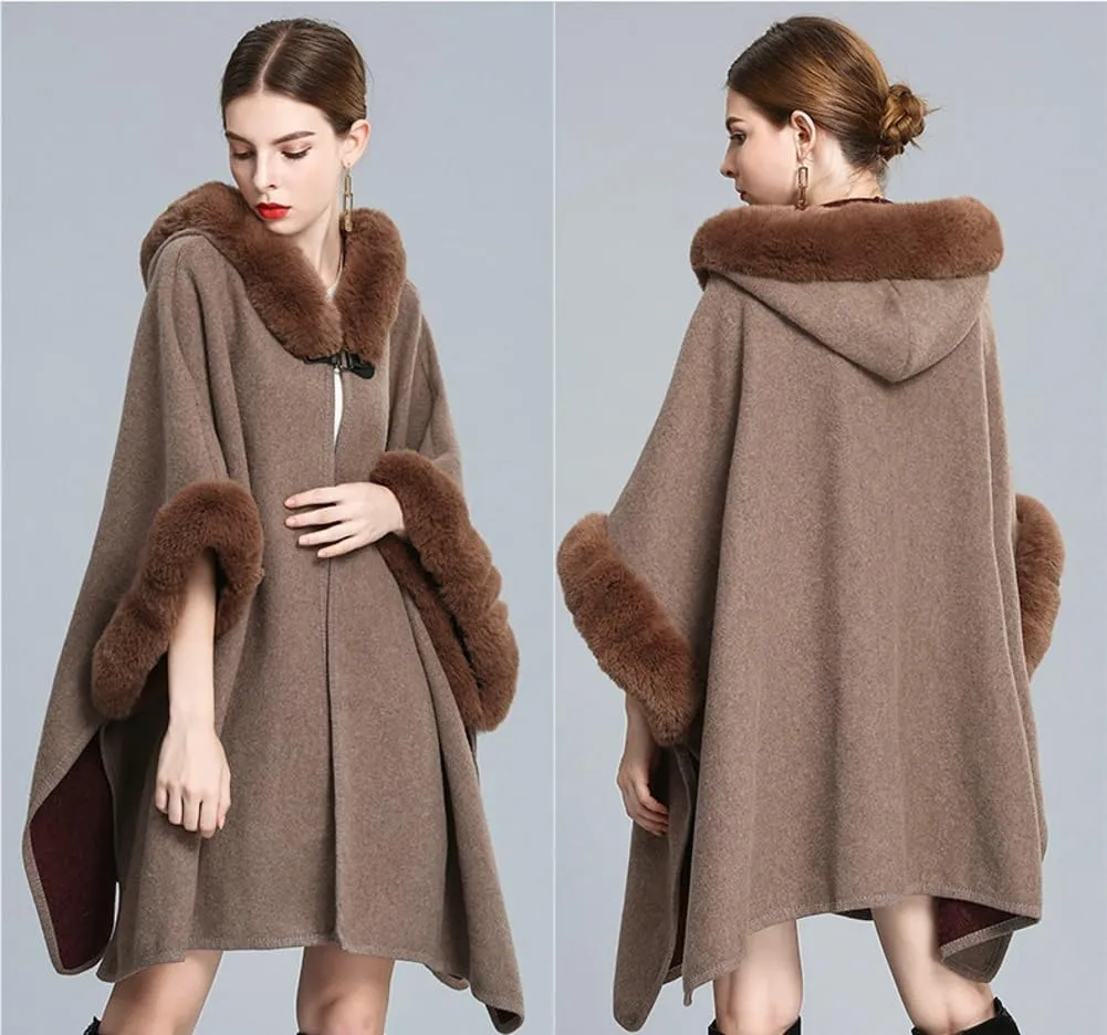 Hooded Shawls Warp for Woman Faux Fur Trim Coat Open Front Coat Oversize Cloak Coat for Fall Winter