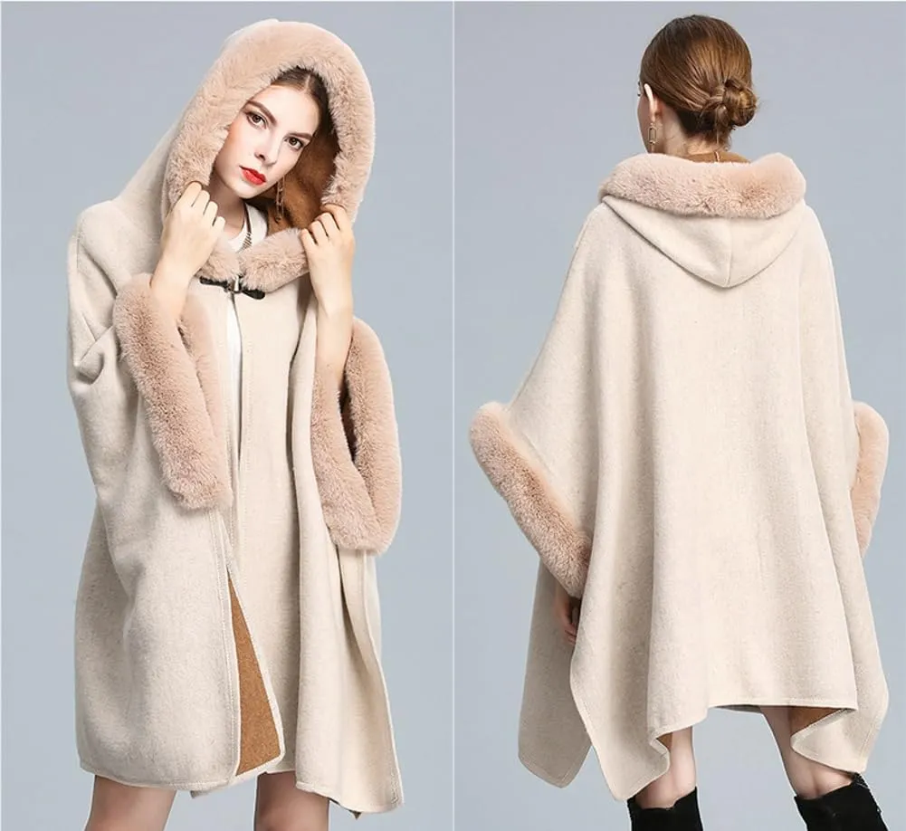 Hooded Shawls Warp for Woman Faux Fur Trim Coat Open Front Coat Oversize Cloak Coat for Fall Winter