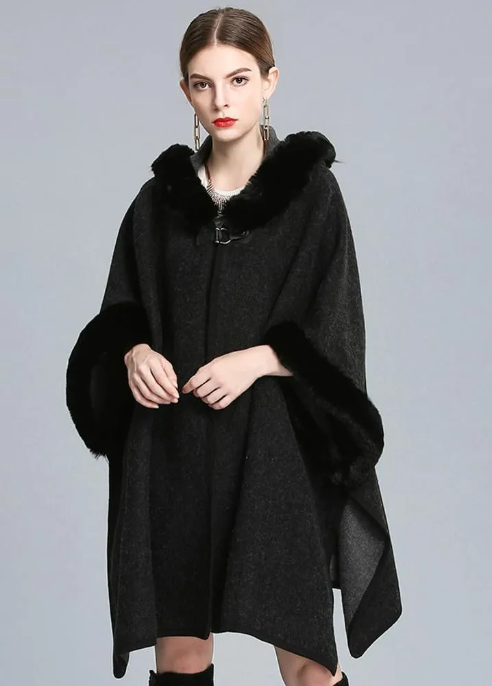 Hooded Shawls Warp for Woman Faux Fur Trim Coat Open Front Coat Oversize Cloak Coat for Fall Winter