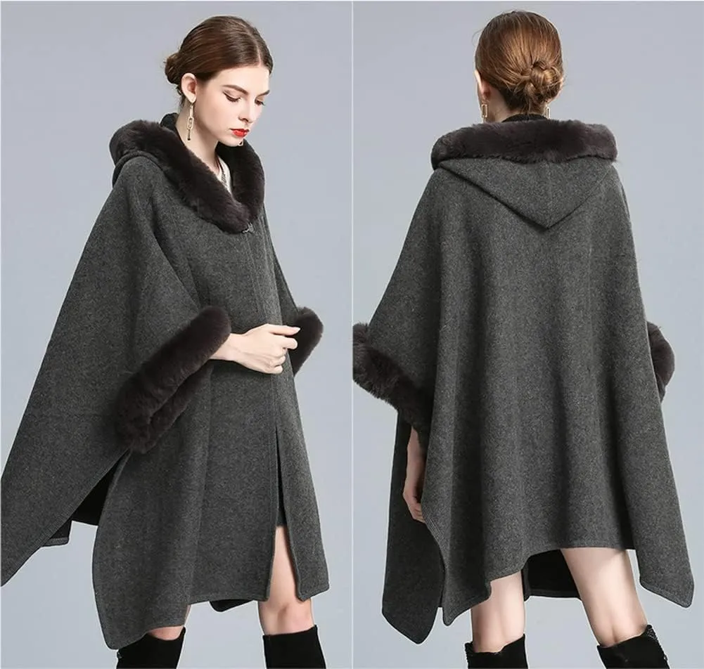 Hooded Shawls Warp for Woman Faux Fur Trim Coat Open Front Coat Oversize Cloak Coat for Fall Winter