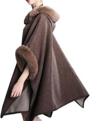 Hooded Shawls Warp for Woman Faux Fur Trim Coat Open Front Coat Oversize Cloak Coat for Fall Winter