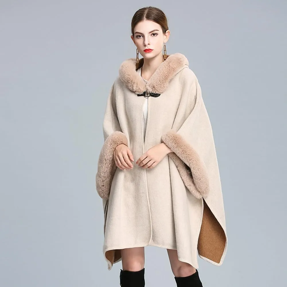 Hooded Shawls Warp for Woman Faux Fur Trim Coat Open Front Coat Oversize Cloak Coat for Fall Winter