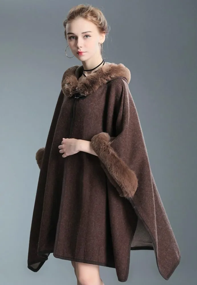 Hooded Shawls Warp for Woman Faux Fur Trim Coat Open Front Coat Oversize Cloak Coat for Fall Winter