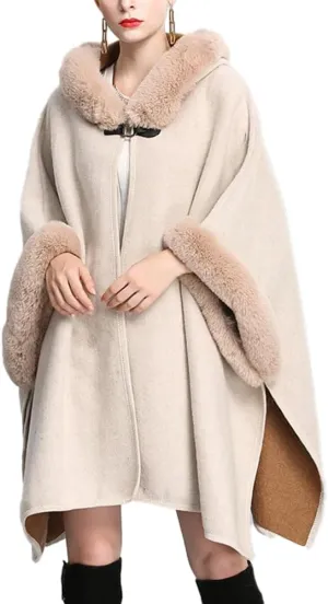 Hooded Shawls Warp for Woman Faux Fur Trim Coat Open Front Coat Oversize Cloak Coat for Fall Winter