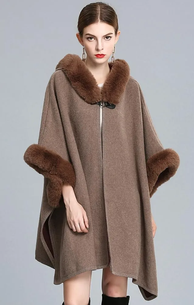 Hooded Shawls Warp for Woman Faux Fur Trim Coat Open Front Coat Oversize Cloak Coat for Fall Winter