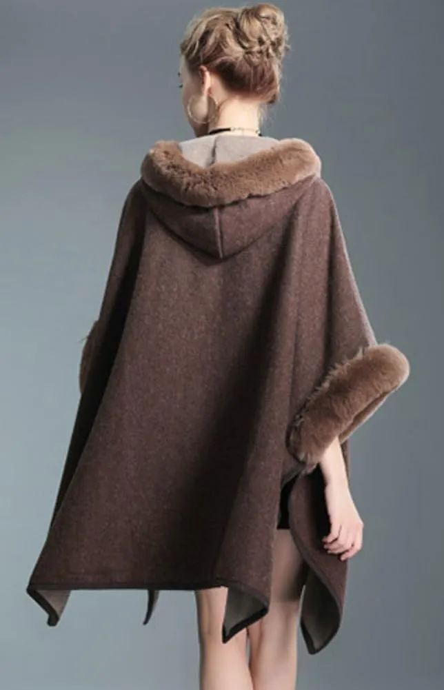 Hooded Shawls Warp for Woman Faux Fur Trim Coat Open Front Coat Oversize Cloak Coat for Fall Winter