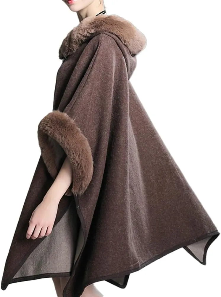 Hooded Shawls Warp for Woman Faux Fur Trim Coat Open Front Coat Oversize Cloak Coat for Fall Winter