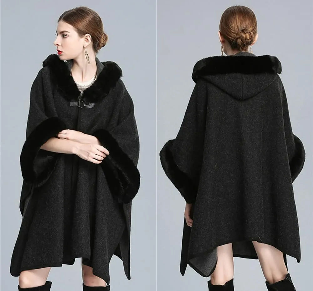 Hooded Shawls Warp for Woman Faux Fur Trim Coat Open Front Coat Oversize Cloak Coat for Fall Winter