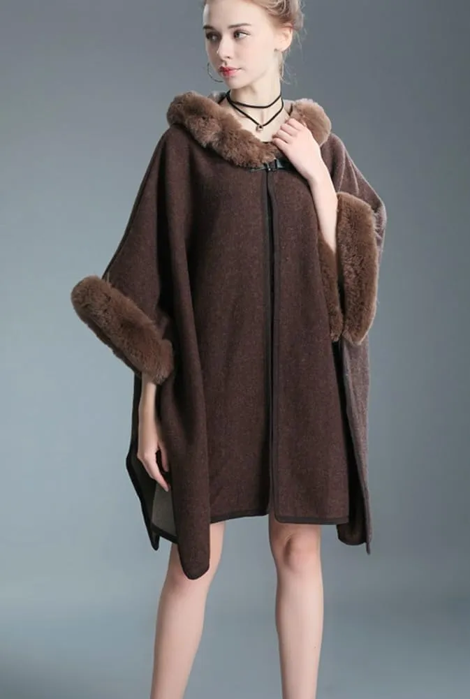 Hooded Shawls Warp for Woman Faux Fur Trim Coat Open Front Coat Oversize Cloak Coat for Fall Winter