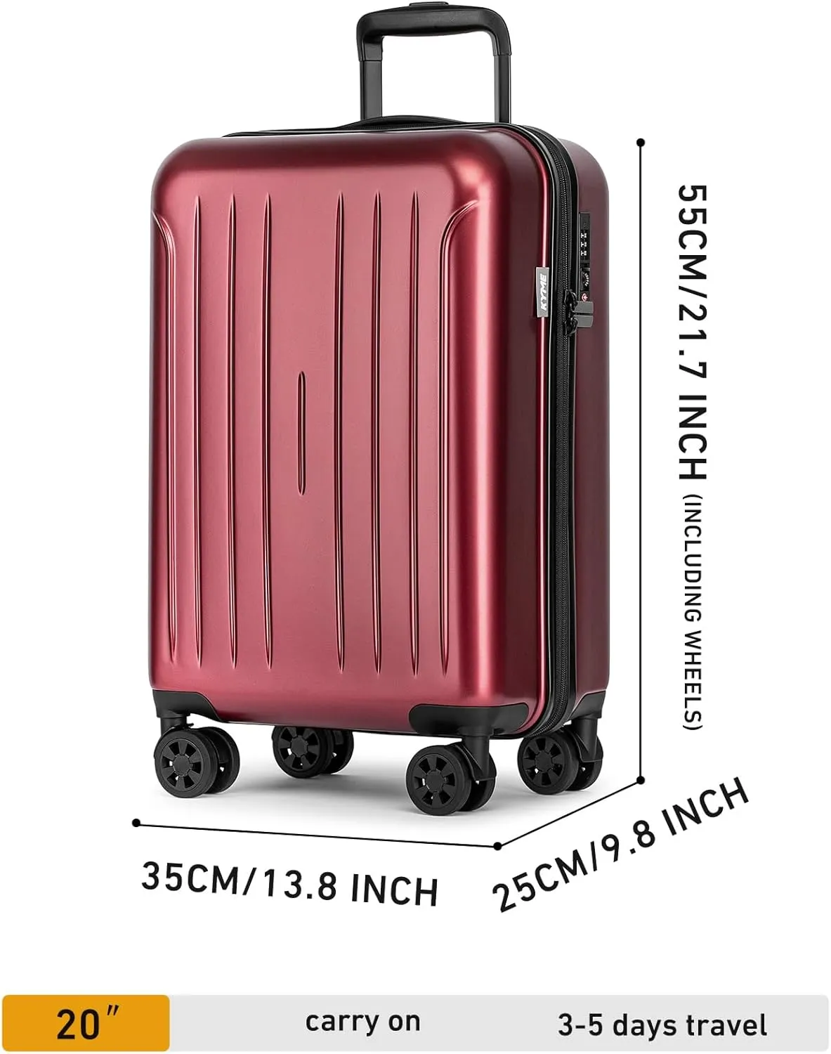 KYME Carry on Luggage 22x14x9 Airline Approved, 20 Inch Hardside Suitcases With Wheels, Hard Shell Suitcase With TSA Lock, Double Spinner Wheels Carry-on, Berry Red