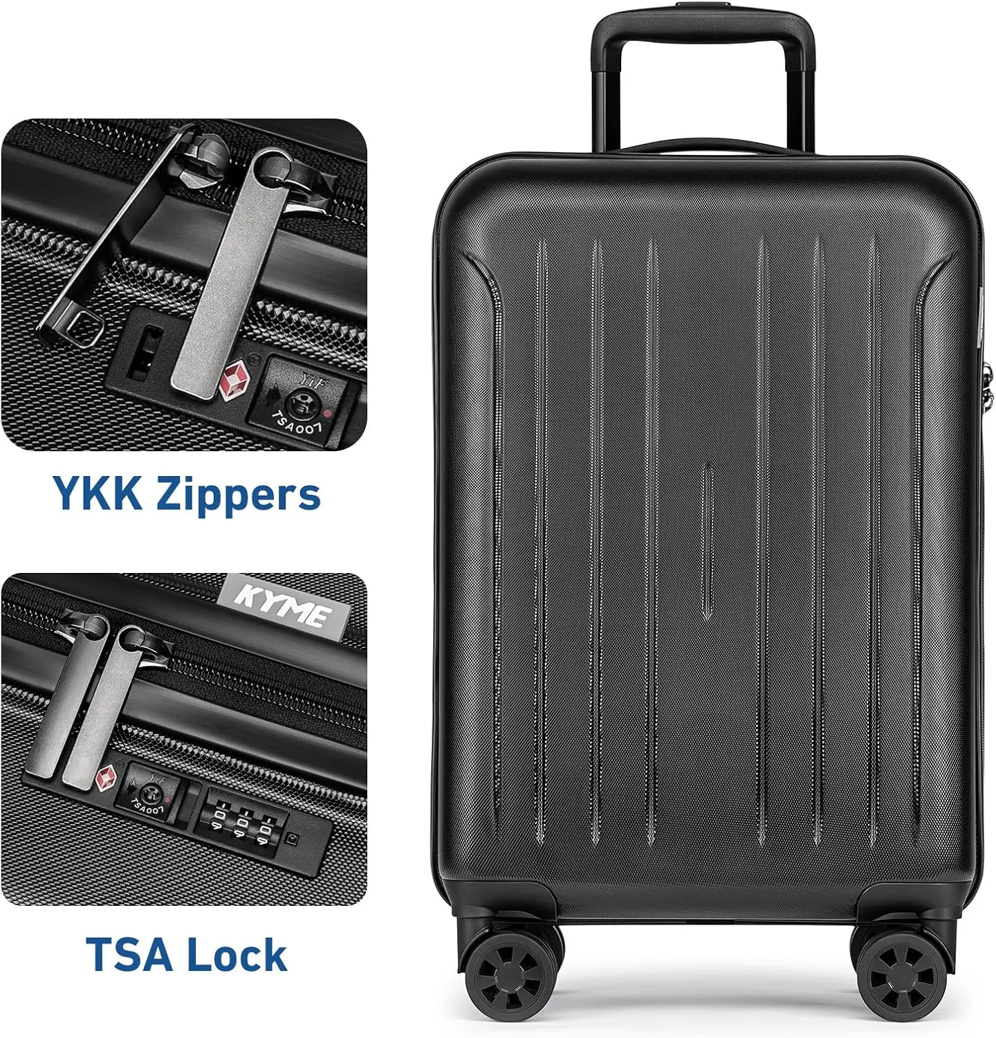 KYME Carry On Luggage 22x14x9 Airline Approved, 20 Inch Suitcases With Wheels, Hard Side Suitcase With TSA Lock, Double Spinner Wheels Carry-on, Black