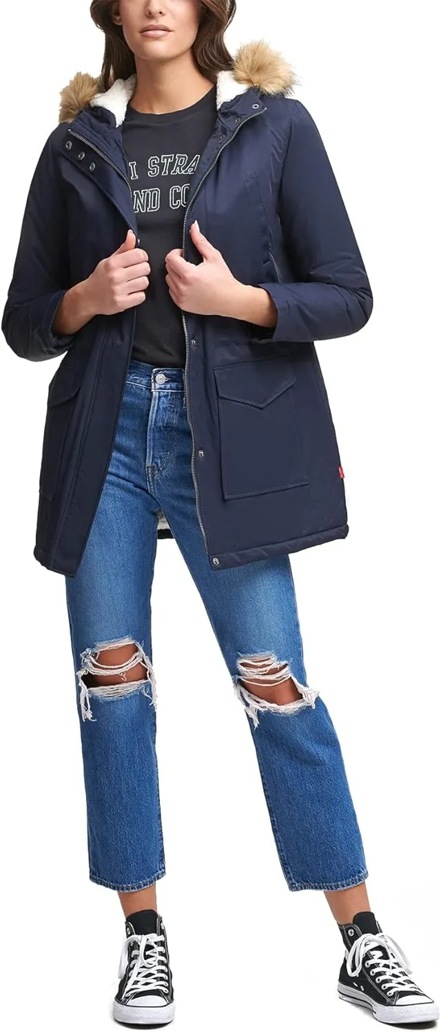 Levi's Women's Sherpa Lined Mid-Length Performance Park Jacket with Faux Fur Collar