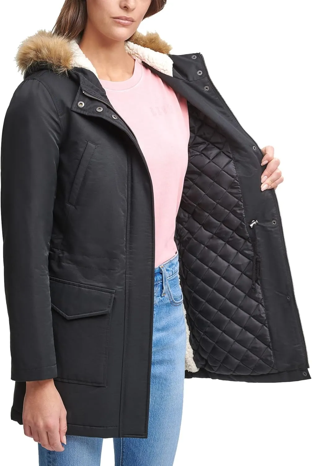 Levi's Women's Sherpa Lined Mid-Length Performance Park Jacket with Faux Fur Collar