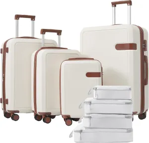 Lightweight 4 Piece Luggage Set with Compression Packing Cubes, Expandable, 360 Spinner Wheels, Brown and White