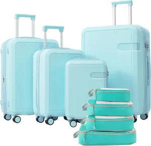 Lightweight 4 Piece Luggage Set with Compression Packing Cubes, Expandable Spinner Wheels, Light Blue