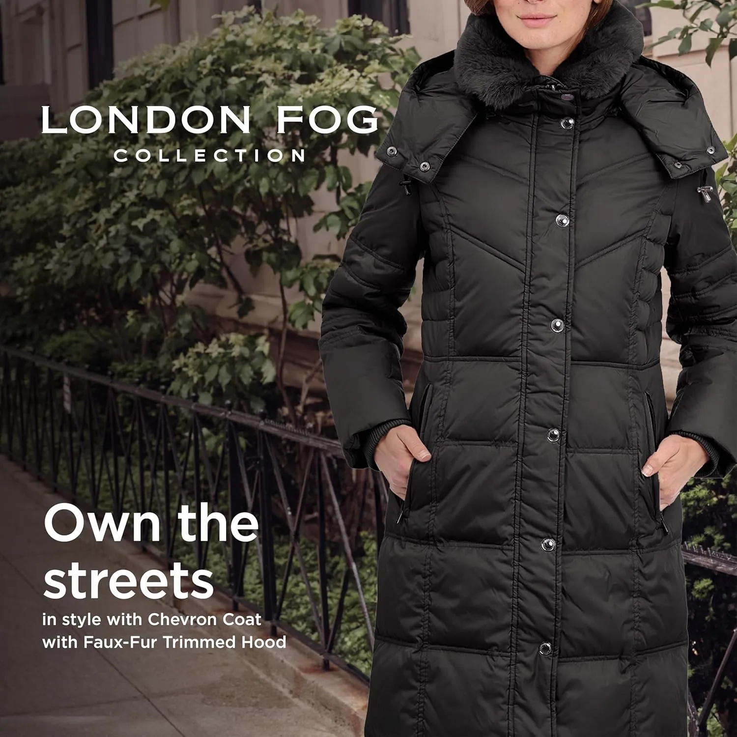 LONDON FOG Women's Chevron Coat with Faux Fur Trimmed Hood
