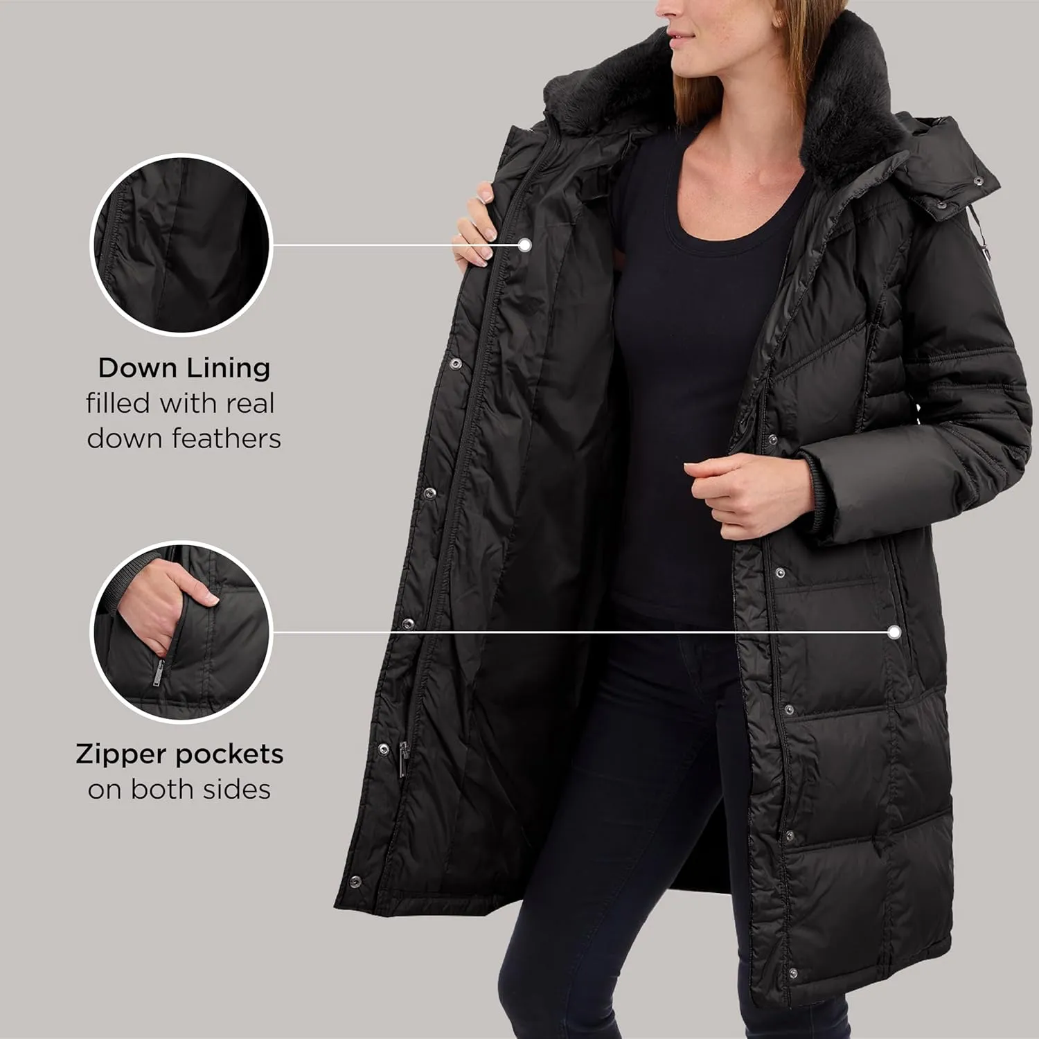 LONDON FOG Women's Chevron Coat with Faux Fur Trimmed Hood