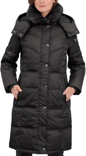 LONDON FOG Women's Chevron Coat with Faux Fur Trimmed Hood