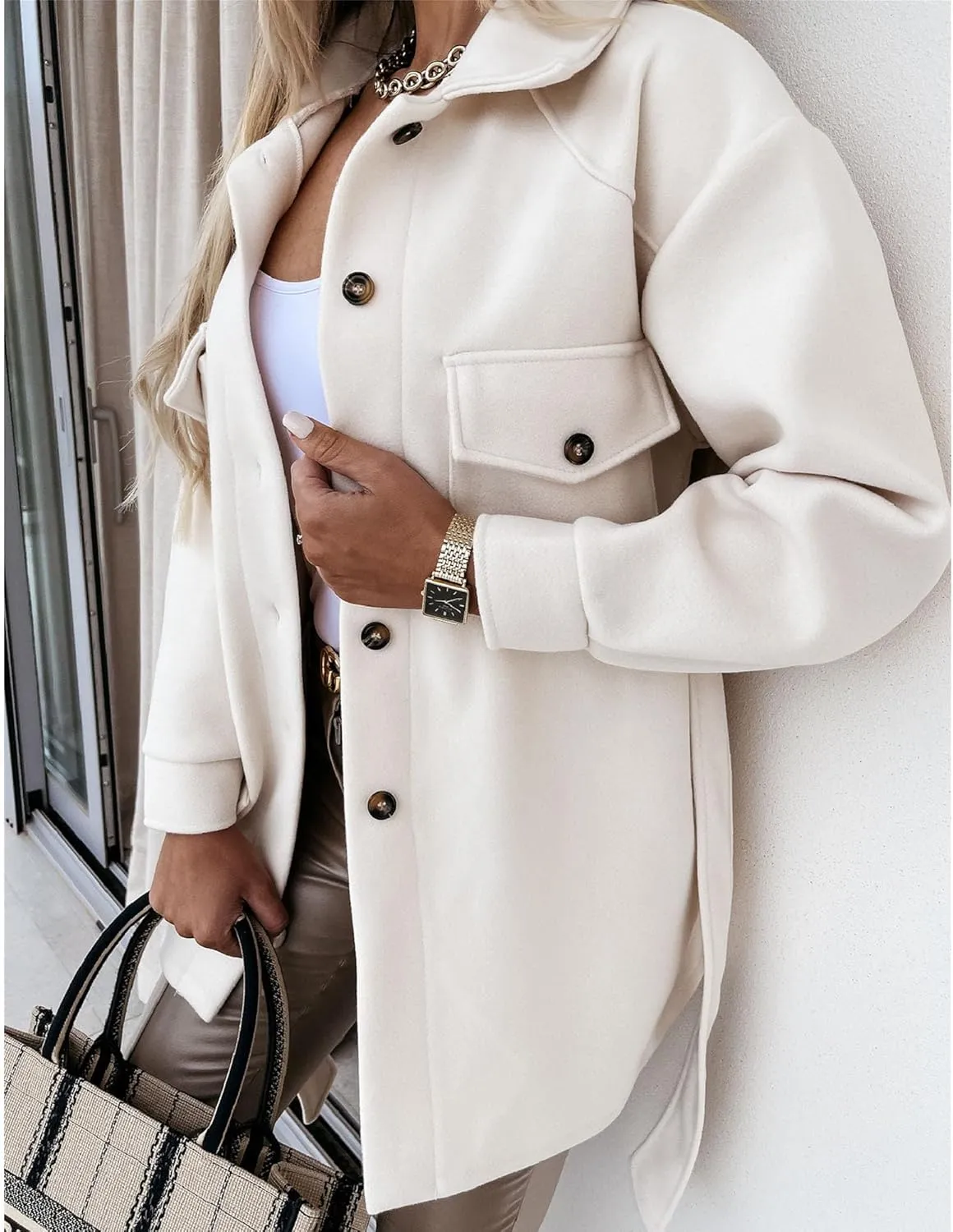 Maiyifu-GJ Women's Casual Trench Coat Wool Blend Coats Jackets Lapel Single Breasted Overcoats Mid Length Outerwear
