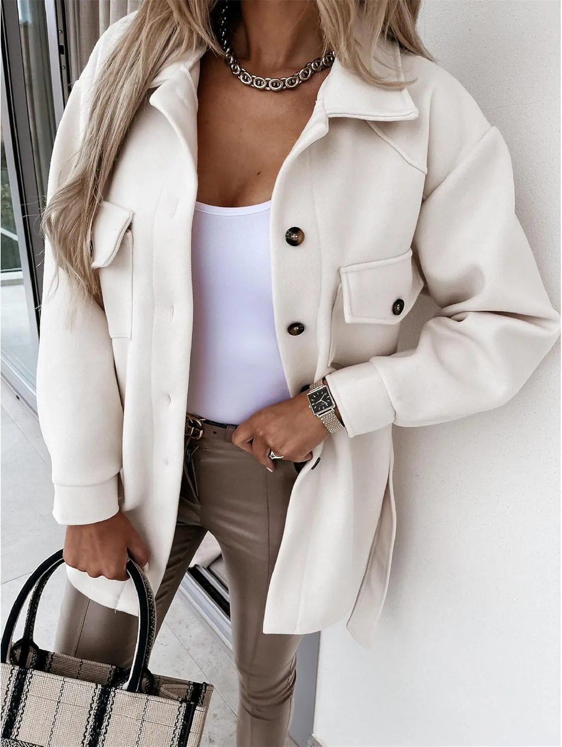Maiyifu-GJ Women's Casual Trench Coat Wool Blend Coats Jackets Lapel Single Breasted Overcoats Mid Length Outerwear