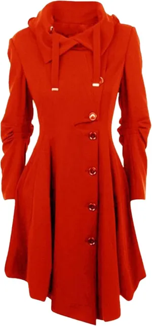 Maiyifu-GJ Womens Single Breasted Hooded Trench Coat Long Sleeve Wool Blend Dress Coats Fall Winter Mid Long Overcoat